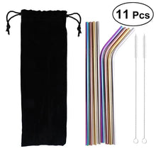 Load image into Gallery viewer, 11pcs Stainless Steel Drinking Straws Reusable Curved & Straight Straws Set for Yeti 20oz with 2 Brushes and A Black Cloth Bag Awesome Imports