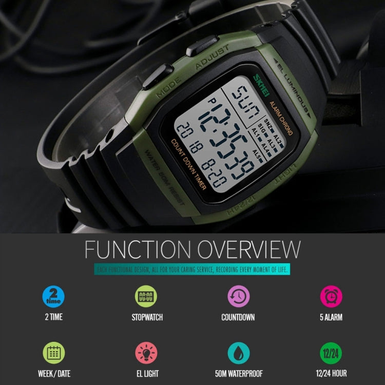 SKMEI 1278 Fashionable Outdoor 50m Waterproof Digital Watch Student Sports Wrist Watch Support 5 Group Alarm Clocks