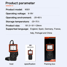 Load image into Gallery viewer, M301 9-18V OBD2 Car Code Reader Scanner Fault Detector