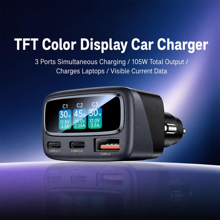 Yesido Y75 105W TFT Display Car Charger 3-Port 1 x USB-A & 2 x USB-C Fast Charging Car Adapter