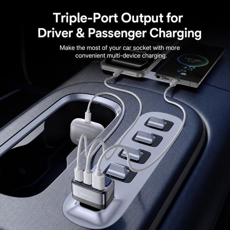 Yesido Y75 105W TFT Display Car Charger 3-Port 1 x USB-A & 2 x USB-C Fast Charging Car Adapter
