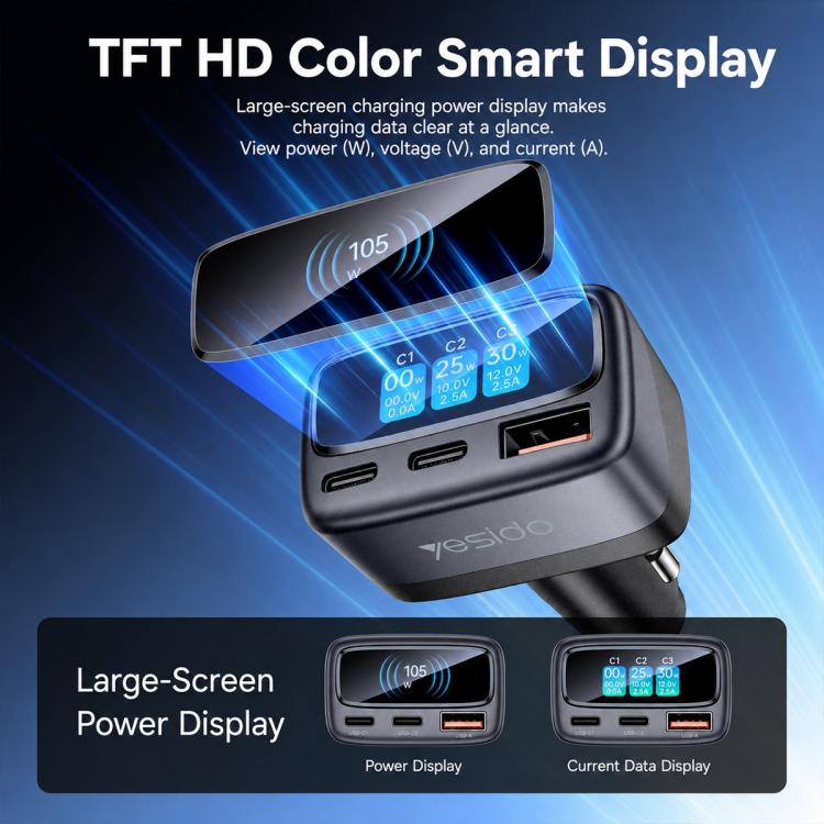 Yesido Y75 105W TFT Display Car Charger 3-Port 1 x USB-A & 2 x USB-C Fast Charging Car Adapter