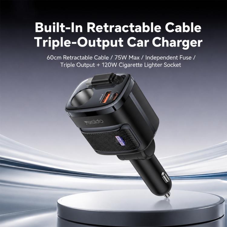 Yesido Y76 Cigarette Lighter Car Charger USB-A & Type-C Fast Charging Adapter with 60cm Type-C Retractable Cable