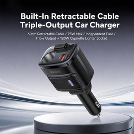 Yesido Y76 Cigarette Lighter Car Charger USB-A & Type-C Fast Charging Adapter with 60cm Type-C Retractable Cable