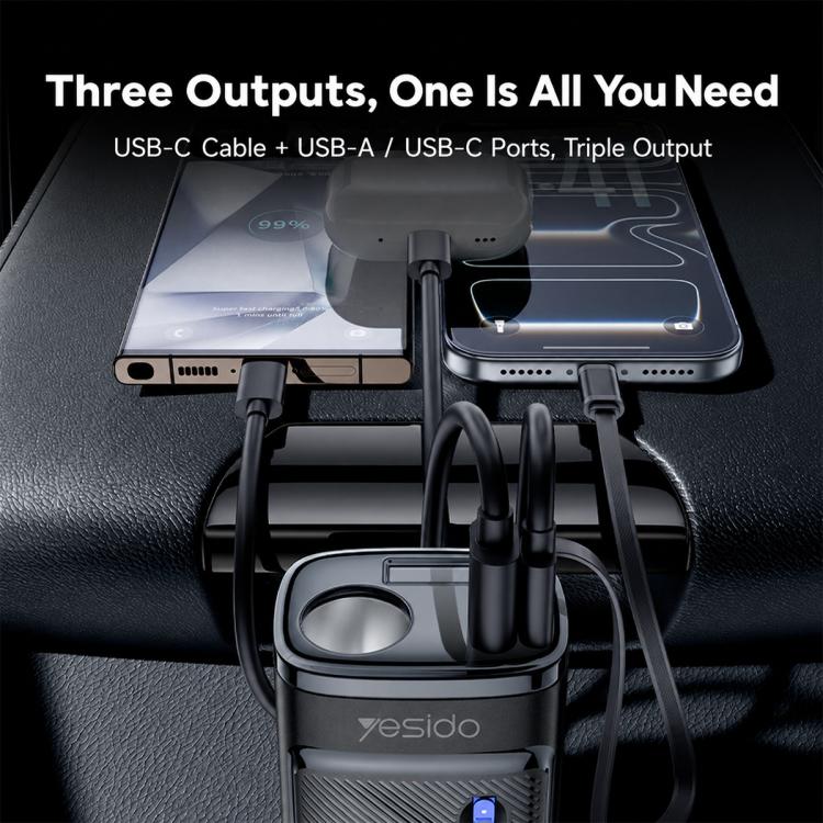 Yesido Y76 Cigarette Lighter Car Charger USB-A & Type-C Fast Charging Adapter with 60cm Type-C Retractable Cable