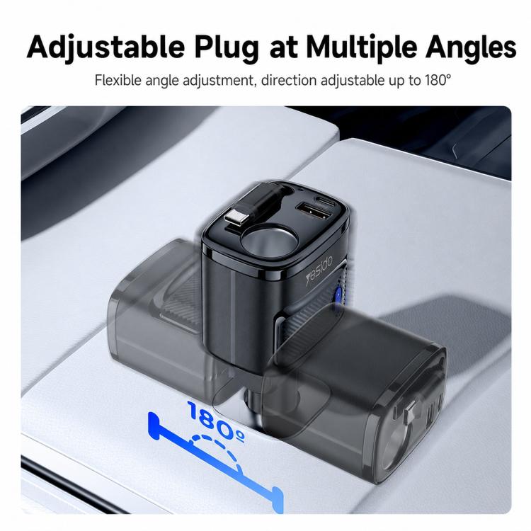 Yesido Y76 Cigarette Lighter Car Charger USB-A & Type-C Fast Charging Adapter with 60cm Type-C Retractable Cable