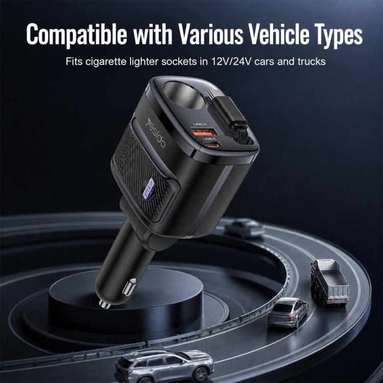 Yesido Y76 Cigarette Lighter Car Charger USB-A & Type-C Fast Charging Adapter with 60cm Type-C Retractable Cable