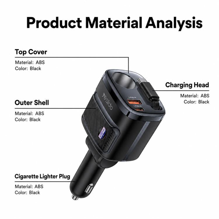 Yesido Y76 Cigarette Lighter Car Charger USB-A & Type-C Fast Charging Adapter with 60cm Type-C Retractable Cable