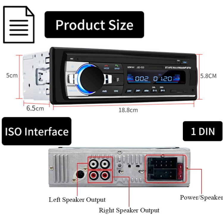 JSD-520 Car Stereo Radio MP3 Audio Player Support Bluetooth Hand-free Calling / FM / USB / SD, EU Plug Version, JSD-520, EU Plug Version