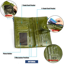 Load image into Gallery viewer, 3520 Long Cowhide Leather Folding Anti-magnetic RFID Wallet for Ladies, with Card Slots, 3520 Green, 3520 Blue, 3520 Red, 3520 Yellowish-brown, 3520 Black, 3520 Coffee
