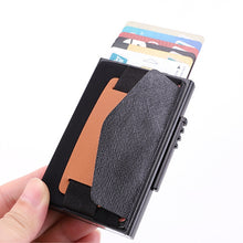 Load image into Gallery viewer, X-32C Automatically Pop-up Card Type Anti-magnetic RFID Anti-theft Men Aluminum Alloy A Dial Button Elastic Bag Wallet with PU Leather Strap, X-32C A Dial Button Black, X-32C A Dial Button  Silver