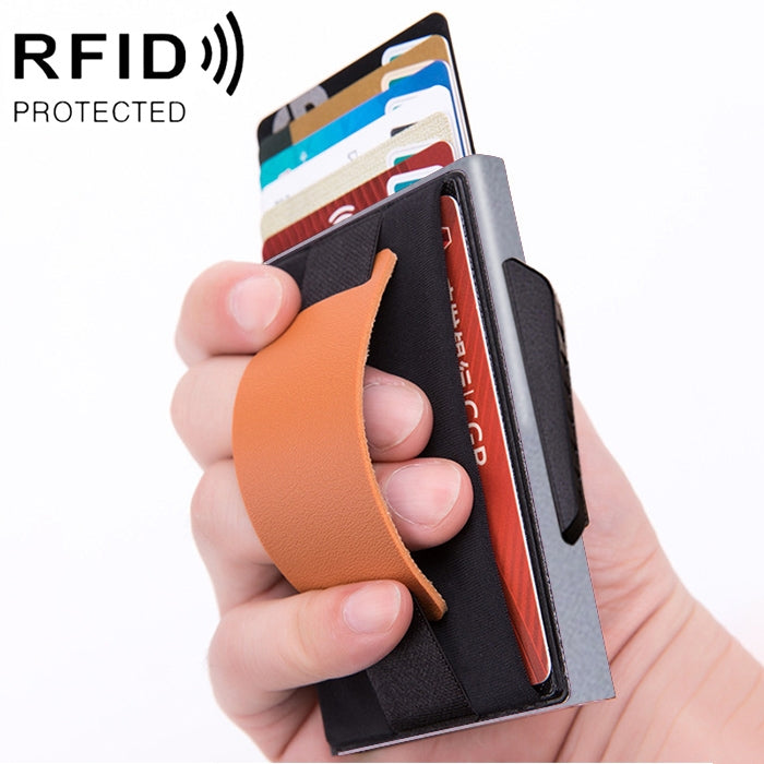 X-32C Automatically Pop-up Card Type Anti-magnetic RFID Anti-theft Men Aluminum Alloy B Dial Button Elastic Bag Wallet with PU Leather Strap, X-32C B Dial Button Black, X-32C B Dial Button Grey, X-32C B Dial Button Gold, X-32C B Dial Button Blue       ...