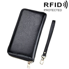 Load image into Gallery viewer, Genuine Cowhide Leather Litchi Texture Zipper Long Style Card Holder Wallet RFID Blocking Coin Purse Card Bag Protect Case with Hand Strap for Women, Size: 20*10.5*3cm