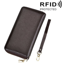 Load image into Gallery viewer, Genuine Cowhide Leather Litchi Texture Zipper Long Style Card Holder Wallet RFID Blocking Coin Purse Card Bag Protect Case with Hand Strap for Women, Size: 20*10.5*3cm