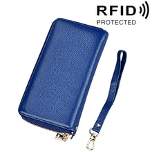 Load image into Gallery viewer, Genuine Cowhide Leather Litchi Texture Zipper Long Style Card Holder Wallet RFID Blocking Coin Purse Card Bag Protect Case with Hand Strap for Women, Size: 20*10.5*3cm