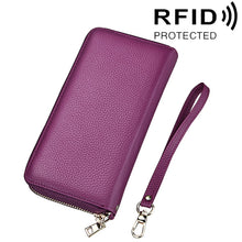 Load image into Gallery viewer, Genuine Cowhide Leather Litchi Texture Zipper Long Style Card Holder Wallet RFID Blocking Coin Purse Card Bag Protect Case with Hand Strap for Women, Size: 20*10.5*3cm