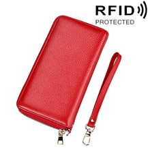 Load image into Gallery viewer, Genuine Cowhide Leather Litchi Texture Zipper Long Style Card Holder Wallet RFID Blocking Coin Purse Card Bag Protect Case with Hand Strap for Women, Size: 20*10.5*3cm