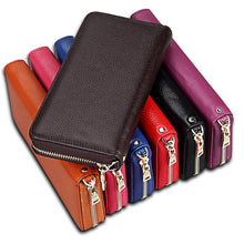 Load image into Gallery viewer, Genuine Cowhide Leather Litchi Texture Zipper Long Style Card Holder Wallet RFID Blocking Coin Purse Card Bag Protect Case with Hand Strap for Women, Size: 20*10.5*3cm