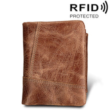 Load image into Gallery viewer, Genuine Cowhide Leather Crazy Horse Texture Zipper 3-folding Short Style Card Holder Wallet RFID Blocking Coin Purse Card Bag Protect Case for Men, Size: 12*9.5*4cm(Taupe), 3585