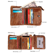 Load image into Gallery viewer, Genuine Cowhide Leather Crazy Horse Texture Zipper 3-folding Short Style Card Holder Wallet RFID Blocking Coin Purse Card Bag Protect Case for Men, Size: 12*9.5*4cm(Taupe), 3585
