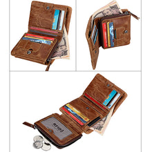 Load image into Gallery viewer, Genuine Cowhide Leather Crazy Horse Texture Zipper 3-folding Short Style Card Holder Wallet RFID Blocking Coin Purse Card Bag Protect Case for Men, Size: 12*9.5*4cm(Taupe), 3585