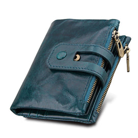 Genuine Cowhide Leather Crazy Horse Texture Zipper 3-folding Card Holder Wallet RFID Blocking Coin Purse Card Bag Protect Case for Men, Size: 12*9.5*3.5cm