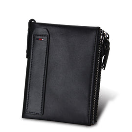 Genuine Cowhide Leather Crazy Horse Texture Dual Zipper Short Style Card Holder Wallet RFID Blocking Card Bag Protect Case for Men, Size: 12.1*9.4*2.7cm