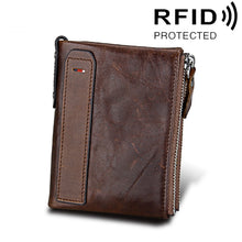 Load image into Gallery viewer, Genuine Cowhide Leather Crazy Horse Texture Dual Zipper Short Style Card Holder Wallet RFID Blocking Card Bag Protect Case for Men, Size: 12.1*9.4*2.7cm