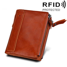 Load image into Gallery viewer, Genuine Cowhide Leather Crazy Horse Texture Dual Zipper Short Style Card Holder Wallet RFID Blocking Card Bag Protect Case for Men, Size: 12.1*9.4*2.7cm