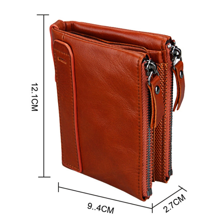 Genuine Cowhide Leather Crazy Horse Texture Dual Zipper Short Style Card Holder Wallet RFID Blocking Card Bag Protect Case for Men, Size: 12.1*9.4*2.7cm