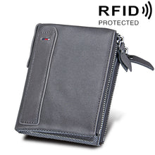 Load image into Gallery viewer, Genuine Cowhide Leather Crazy Horse Texture Dual Zipper Short Style Card Holder Wallet RFID Blocking Card Bag Protect Case for Men, Size: 12.1*9.4*2.7cm
