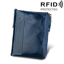 Load image into Gallery viewer, Genuine Cowhide Leather Crazy Horse Texture Dual Zipper Short Style Card Holder Wallet RFID Blocking Card Bag Protect Case for Men, Size: 12.1*9.4*2.7cm