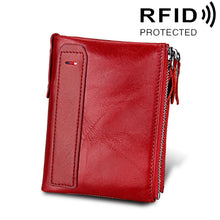Load image into Gallery viewer, Genuine Cowhide Leather Crazy Horse Texture Dual Zipper Short Style Card Holder Wallet RFID Blocking Card Bag Protect Case for Men, Size: 12.1*9.4*2.7cm