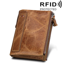 Load image into Gallery viewer, Genuine Cowhide Leather Crazy Horse Texture Dual Zipper Short Style Card Holder Wallet RFID Blocking Card Bag Protect Case for Men, Size: 12.1*9.4*2.7cm