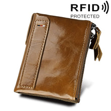 Load image into Gallery viewer, Genuine Cowhide Leather Crazy Horse Texture Dual Zipper Short Style Card Holder Wallet RFID Blocking Card Bag Protect Case for Men, Size: 12.1*9.4*2.7cm