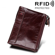 Load image into Gallery viewer, Genuine Cowhide Leather Crazy Horse Texture Dual Zipper Short Style Card Holder Wallet RFID Blocking Card Bag Protect Case for Men, Size: 12.1*9.4*2.7cm