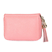Load image into Gallery viewer, Genuine Cowhide Leather Solid Color Zipper Card Holder Wallet RFID Blocking Card Bag Protect Case Coin Purse with Tassel Pendant &amp; 15 Card Slots for Women, Size: 11.1*7.6*3.5cm