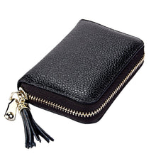 Load image into Gallery viewer, Genuine Cowhide Leather Solid Color Zipper Card Holder Wallet RFID Blocking Card Bag Protect Case Coin Purse with Tassel Pendant &amp; 15 Card Slots for Women, Size: 11.1*7.6*3.5cm