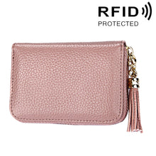 Load image into Gallery viewer, Genuine Cowhide Leather Solid Color Zipper Card Holder Wallet RFID Blocking Card Bag Protect Case Coin Purse with Tassel Pendant &amp; 15 Card Slots for Women, Size: 11.1*7.6*3.5cm