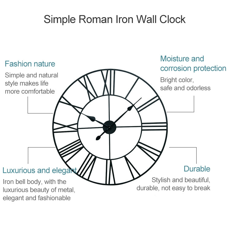 45cm Retro Living Room Iron Round Roman Numeral Mute Decorative Wall Clock, 45cm