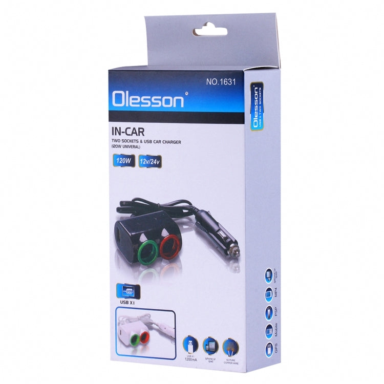 Olesson Streamlined Design 1.2A USB Car Cigarette Lighter Socket Car Charger with Color LED Light, 1631