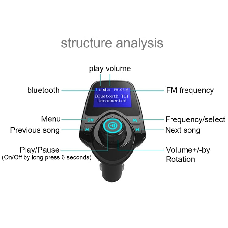 T11 Bluetooth FM Transmitter Car MP3 Player with LED Display, Support Double USB Charge & Handsfree & TF Card & U Disk Music Play Function, T11