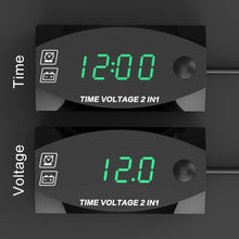 Load image into Gallery viewer, Motorcycle Multi-functional 2 in 1 Digital Display Voltmeter + Electronic Clock, 6-30V IP67