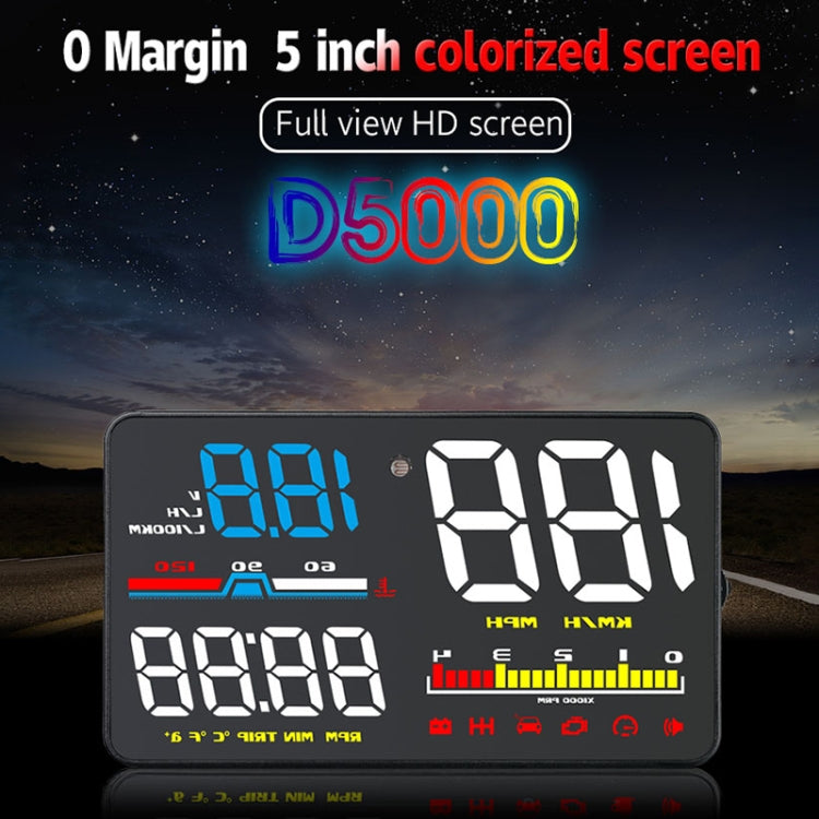 D5000 OBD2 5 inch Vehicle-mounted Head Up Display Security System, Support Car Speed / Engine Revolving Speed Display / Water Temperature / Battery Voltage / Detection and Elimination Fault Code, D5000