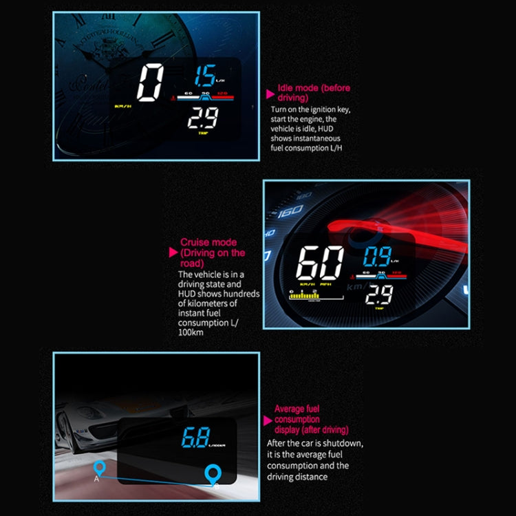 D5000 OBD2 5 inch Vehicle-mounted Head Up Display Security System, Support Car Speed / Engine Revolving Speed Display / Water Temperature / Battery Voltage / Detection and Elimination Fault Code, D5000