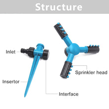 Load image into Gallery viewer, Automatic 360 Rotating Adjustable Garden Water Sprinklers Lawn Irrigation System with 3 Arm Sprayers and Spike Base, 360 Rotating Water Sprinkler (Blue), 360 Rotating Water Sprinkler (Green)