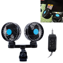 Load image into Gallery viewer, HUXIN HX-T605 7W 360 Degree Adjustable Rotation Clip Two Head Low Noise Mini Electric Car Fan with Gear Switch, DC12V, HX-T605