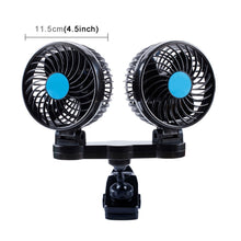Load image into Gallery viewer, HUXIN HX-T605 7W 360 Degree Adjustable Rotation Clip Two Head Low Noise Mini Electric Car Fan with Gear Switch, DC12V, HX-T605