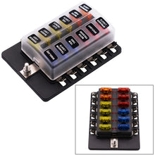Load image into Gallery viewer, 1 in 12 Out Fuse Box PC Terminal Block Fuse Holder Kits with LED Warning Indicator for Auto Car Truck Boat, 1 in 12 Out (PC Terminal Block)