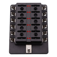 Load image into Gallery viewer, 1 in 12 Out Fuse Box PC Terminal Block Fuse Holder Kits with LED Warning Indicator for Auto Car Truck Boat, 1 in 12 Out (PC Terminal Block)